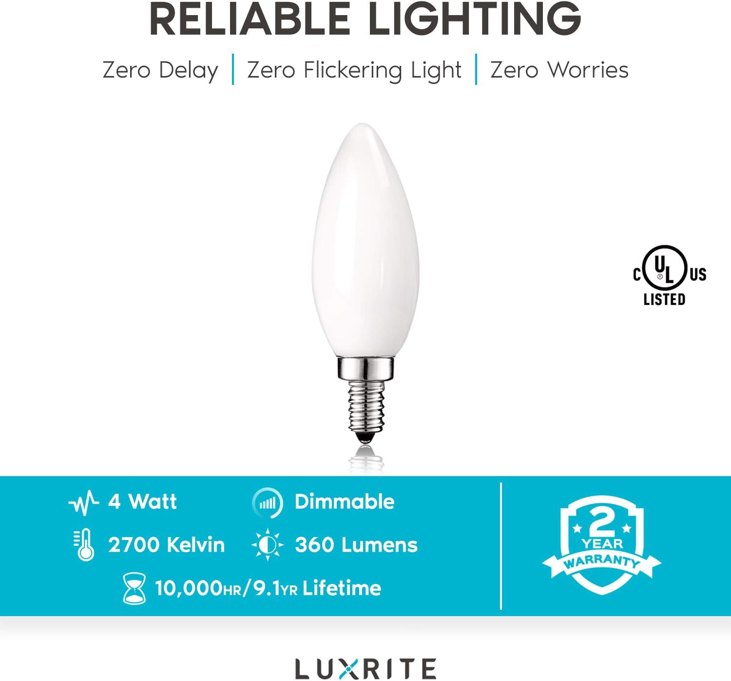 LUXRITE 4W Frosted Candelabra LED Bulbs Dimmable, 2700K Warm White, 360 Lumens, E12 LED Bulb 40W Equivalent, Torpedo Tip Glass, LED Candle Light Bulbs, UL Listed (12 Pack)