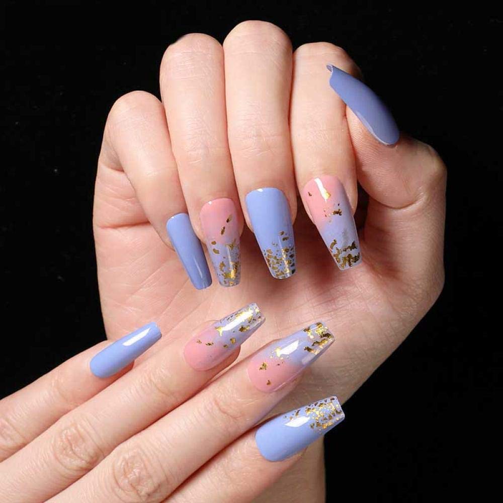 GeRRiT False Nails24pcs Pressure Nail Coffin Art Patch, wear Nail Blue Powder Platinum European and American pre-Designed Acrylic Nail Technique