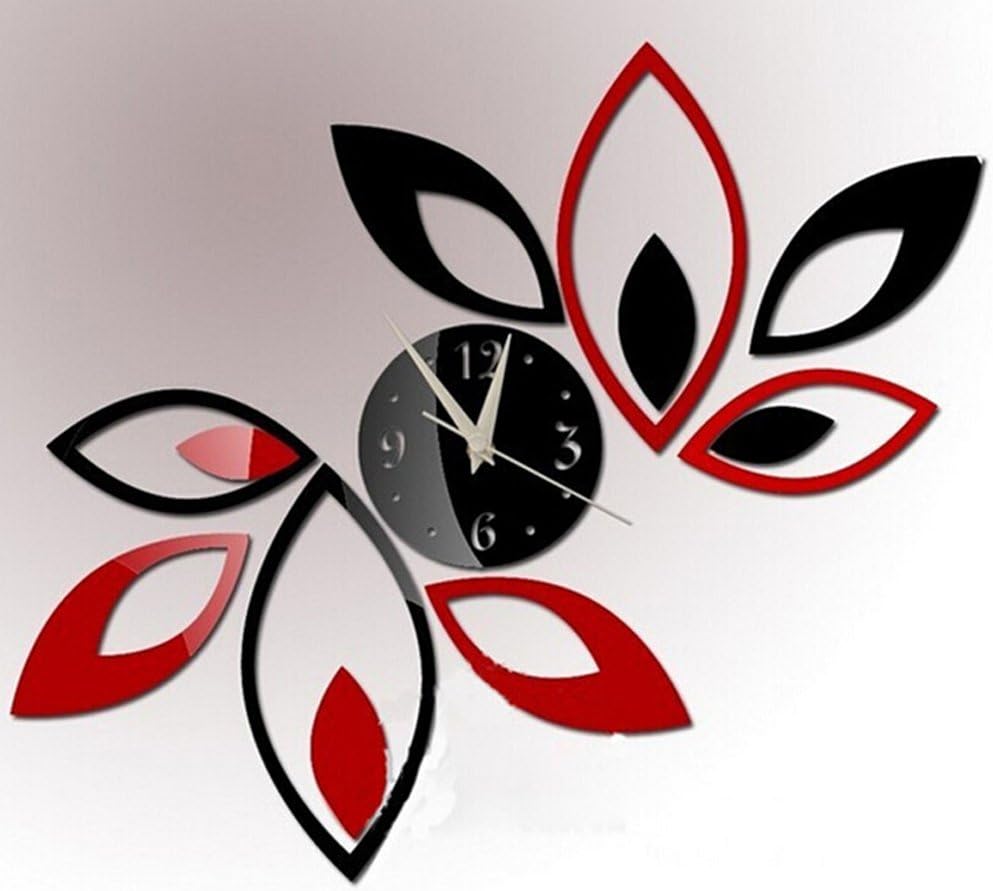 BALILI Silver Creative Red and Black Rhombus Leaves Leaf Diamonds Clock Fashion Modern Design DIY 3D Mirror Wall Decal Wall Sticker Decoration