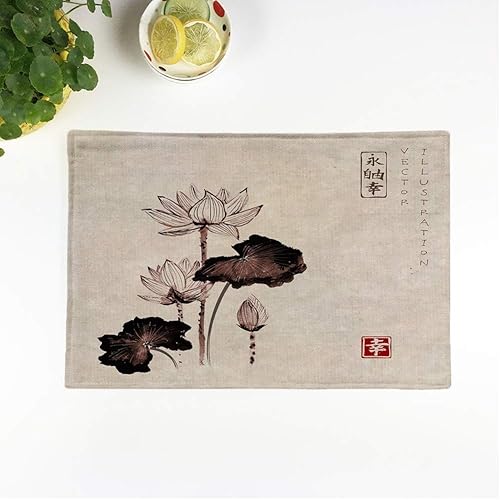 Juego de 8 manteles individuales con diseño de flores de loto en pintura tradicional japonesa vintage Sumi antideslizante para mesa de comedor y