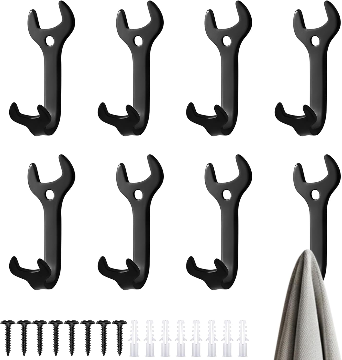 8 Pcs Vintage Wrench Shape Hooks Wall Hooks Vintage Key Holder for Wall Wheels Bedroom Decor Car Themed Room Truck Room Decor(Black)