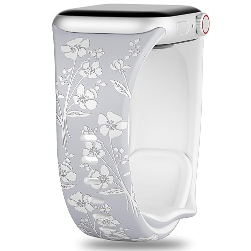 Floral Engraved Silicone Bands Compatible with Apple Watch Band 38mm 40mm 41mm 42mm 44mm 45mm 49mm for Women, Two-Tone Flower Sport Soft Strap for iWatch Series 9/Ultra/8/7/SE/6/5/4/3/2/1
