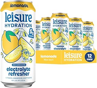 Leisure Hydration Non-Carbonated Electrolyte Refresher, Lemonade Flavor - Low Sugar Nutrient Enhanced Water Beverage - Get The Best Hydration Packed w/ Magnesium & Ashwagandha For Mood & Stress Support, Non-GMO, 16 oz (12-Cans)