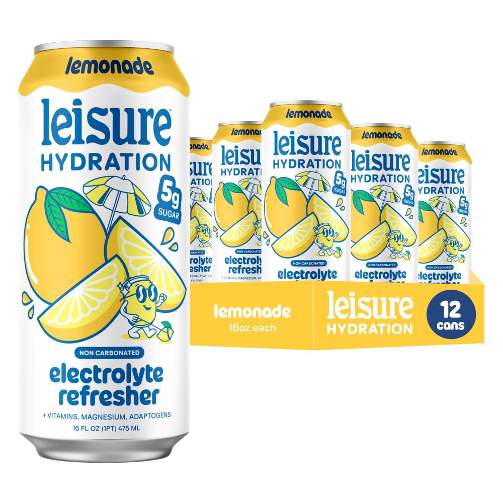 Leisure Hydration Non-Carbonated Electrolyte Refresher, Lemonade Flavor - Low Sugar Nutrient Enhanced Water Beverage - Get The Best Hydration Packed w/ Magnesium & Ashwagandha For Mood & Stress Support, Non-GMO, 16 oz (12-Cans)