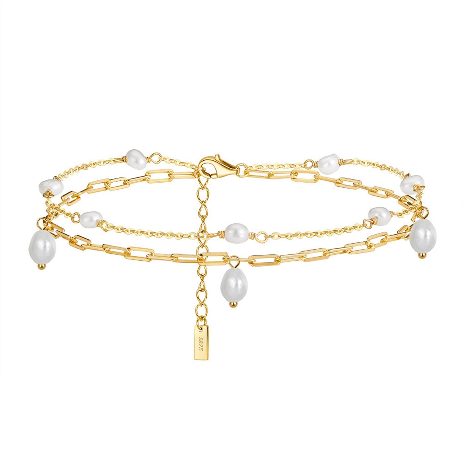 Cavigliere Argento 925 Donna, Cavigliera Donna Sexy Catena Geometrico A Doppio Strati con Perla, Bracciali alla Caviglia da Spiaggia Piede Catena Cavigliere Regolabili per Donne