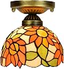 8 Inch Tiffany Ceiling Light Small Stained Glass Chandelier, Rustic Sunflowers Vintage Decor Uplighter Lamp for Living Dining Room Bedroom Corridor