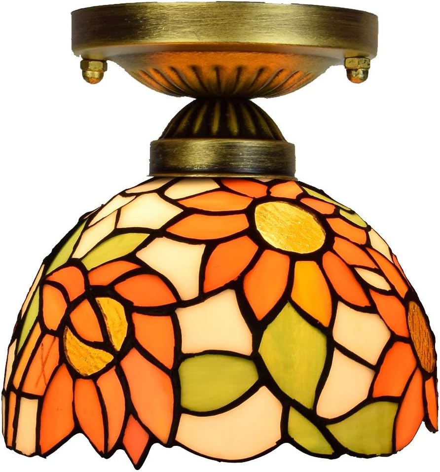 8 Inch Tiffany Ceiling Light Small Stained Glass Chandelier, Rustic Sunflowers Vintage Decor Uplighter Lamp for Living Dining Room Bedroom Corridor