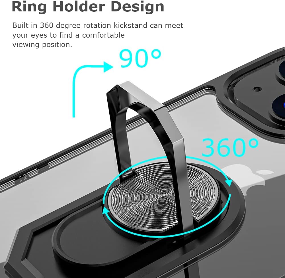 WATACHE Compatible with iPhone 13 Case,Crystal Clear Armor Defender Design Hybrid Protective Phone Case Cover with [Ring Holder Kickstand][Magnetic Car Mount Feature] for iPhone 13,Black