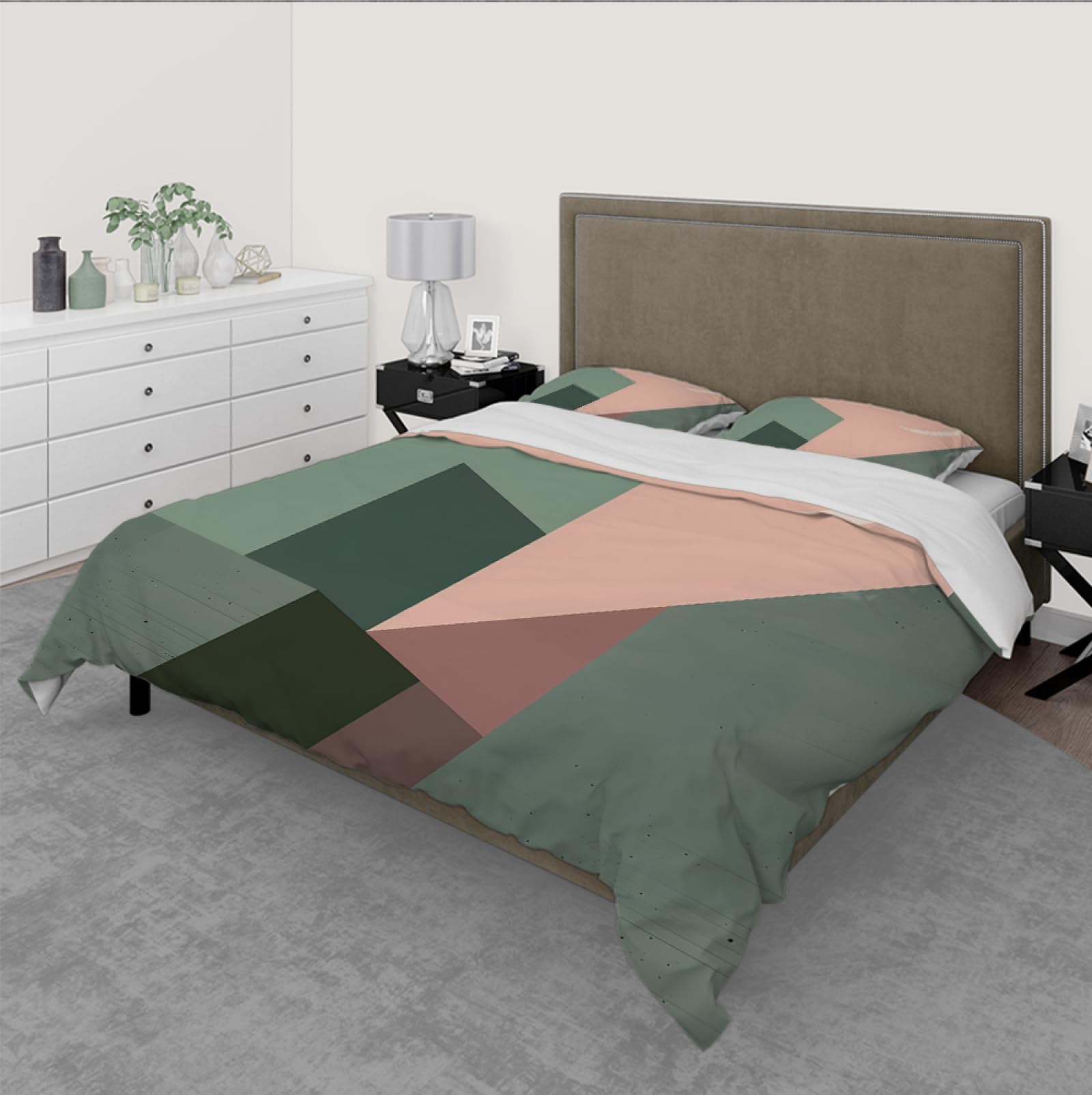 Nowoczesny minimalistyczny abstrakcyjny 3-częściowy zestaw pościeli zielony i różowy geometria miękka oddychająca łatwa w pielęgnacji poszewki na kołdrę z zamkiem błyskawicznym 180x220cm