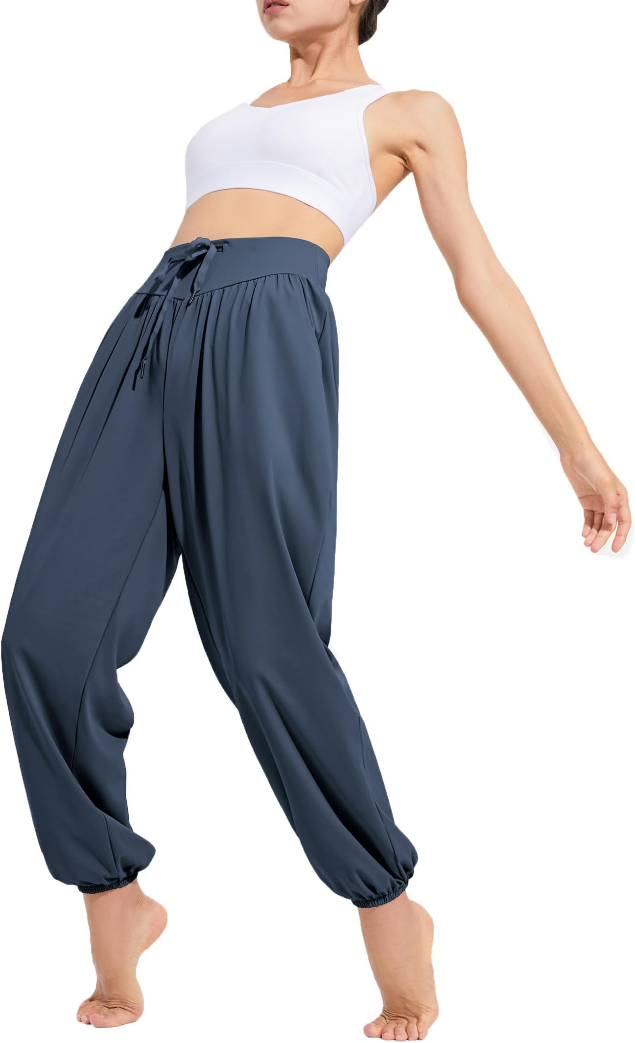 KeqinWomen Casual Loose Yoga Pants High Waisted Elastic Soft Ice Silk Trousers Comfy Dance Harem Pants With Pockets