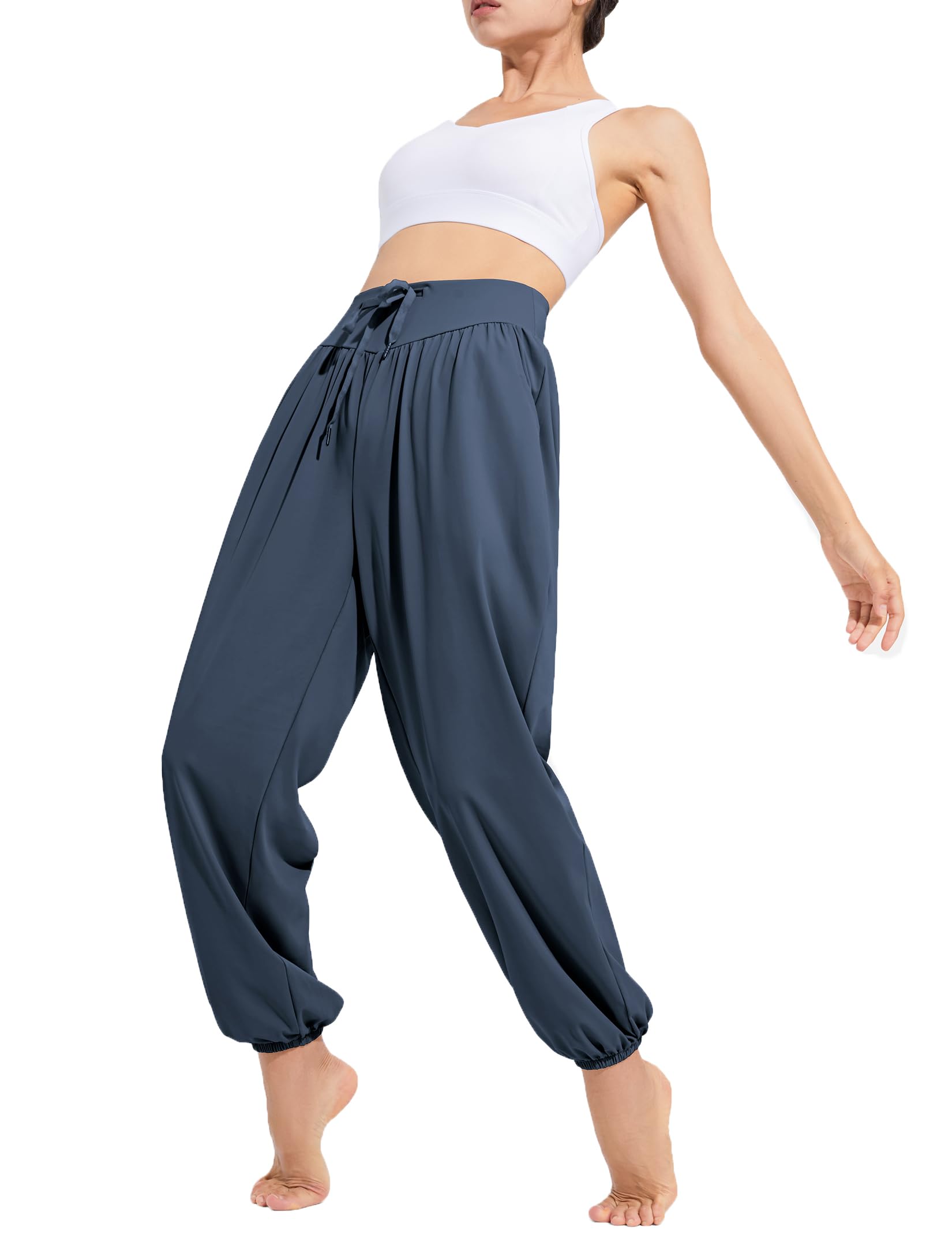 KeqinWomen Casual Loose Yoga Pants High Waisted Elastic Soft Ice Silk Trousers Comfy Dance Harem Pants With Pockets
