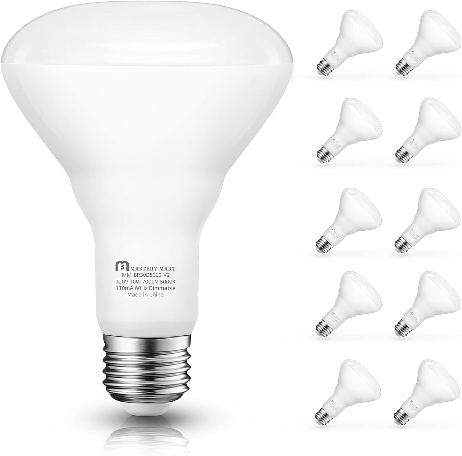 Mastery Mart BR30 LED Bulb, 10W Dimmable, 65 Watt Equivalent 700 Lumen, Wide Flood Light, E26 Base, Recessed Light Bulb for Can Ceiling, UL and Energy Star, Pack of 10