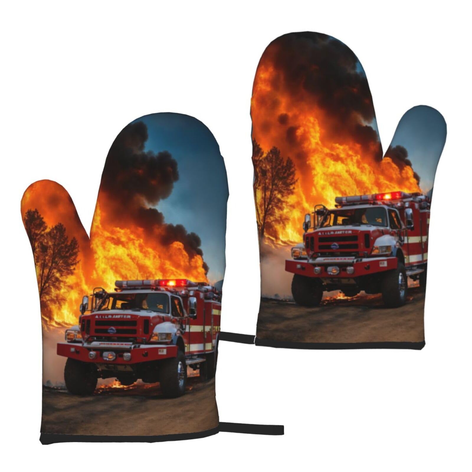 Firefighter Fireman Flame Print Heat Resistant Universal Fit Oven Microwave Gloves Home Cooking Baking Grilling
