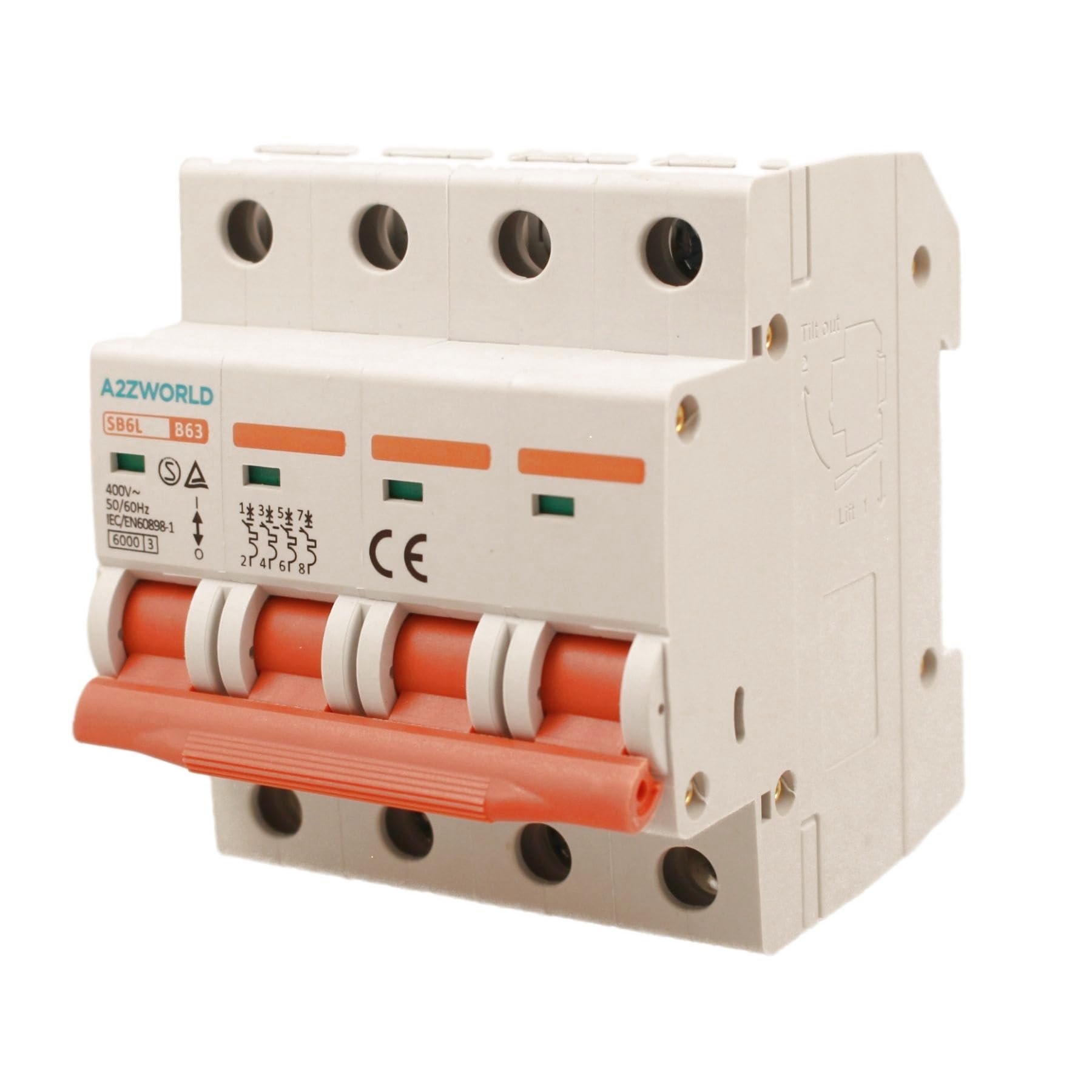 4 Stück Leitungsschutzschalter 63 A, MCB dreiphasig Kurve B 4P 6 KA, 380 V, 4 DIN-Modul