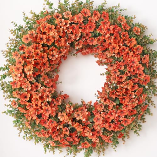 Image of 32 inch Large Artificial Silk Flower Eucalyptus Wreath for Outdoor(Fall Orange) | Large Silk Wreath, Faux Starry Sky Morning Glory Flowers&Eucalyptus Leaves, for Porch /Wall /Window /Farmhouse /Autumn Decoration