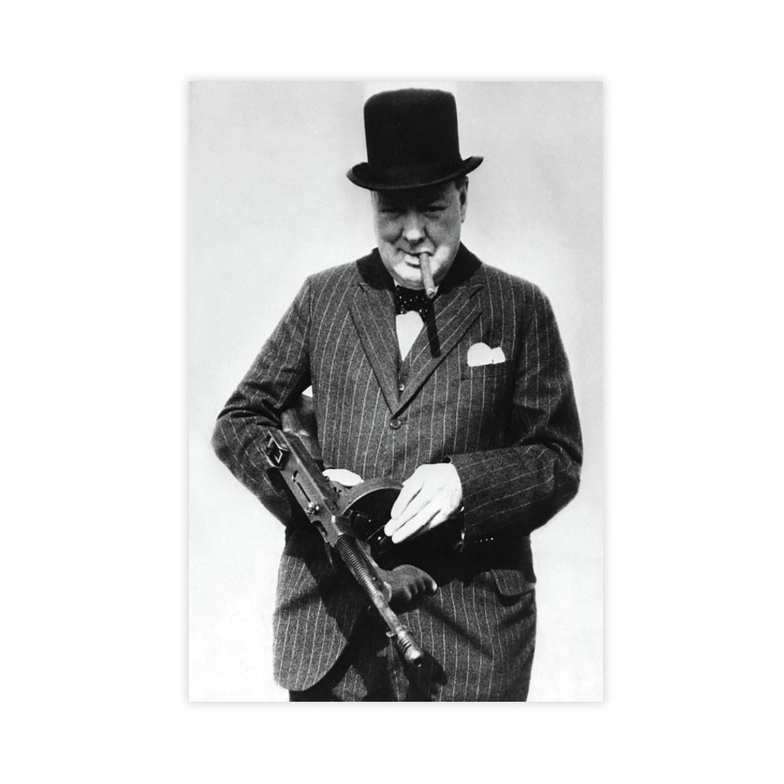 Piank Unframe Winston Churchill With Tommy Gun Poster Bedroom Canvas Decor Print Wall Art Office Room Aesthetic Decor Gift 24X36inch(60X90cm)