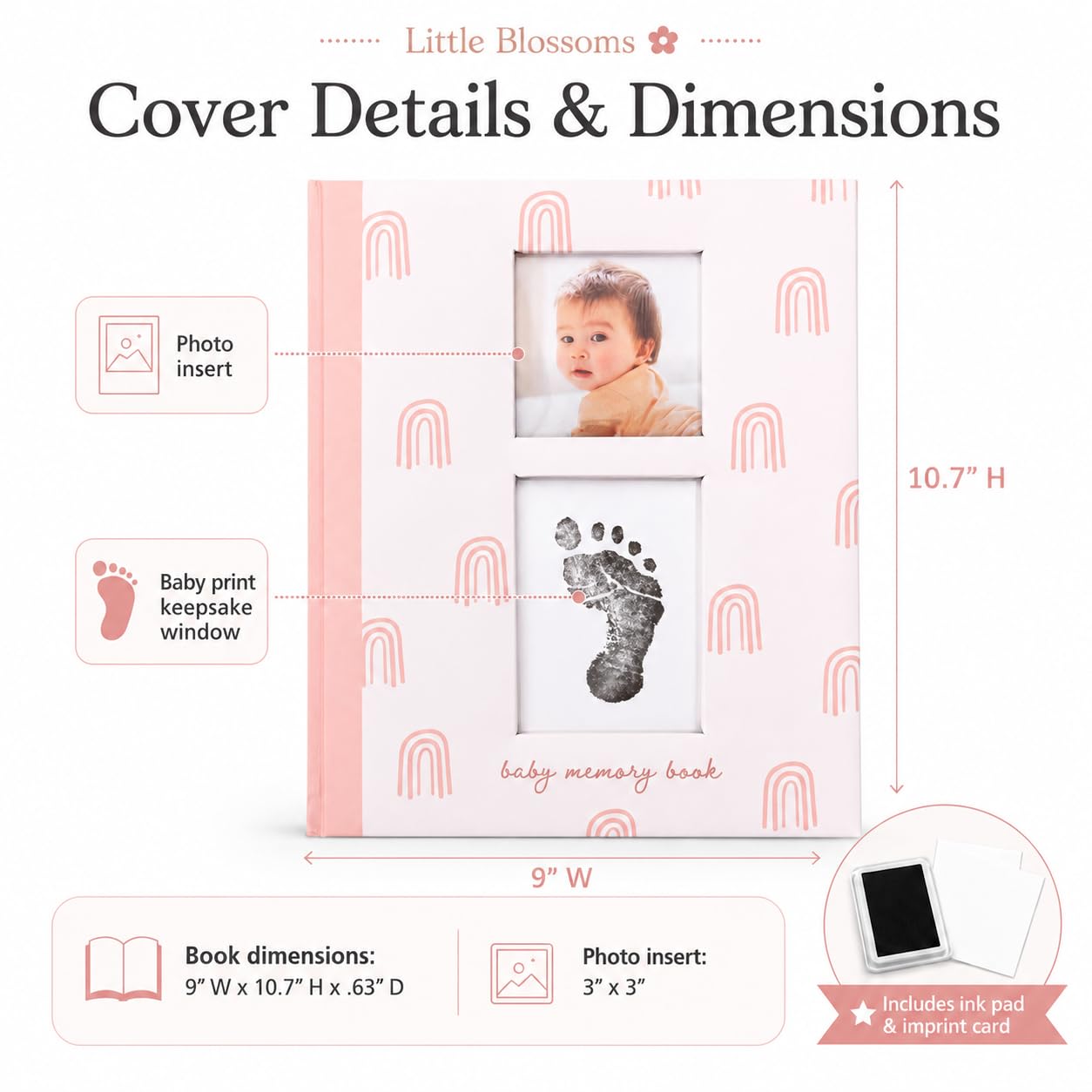 Rainbow First 5 Years Memory Book, Baby Girl Keepsake, Baby Meilensteinbuch, Schwangerschaftstagebuch, mit Stempelkissen für Neugeborene Handabdruck oder Fußabdruck, Rosa Regenbogen
