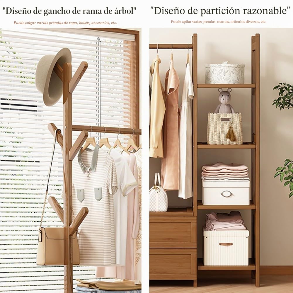 Perchero Burro de Bambú, Perchero de Pie Armario Abierto Madera con 4 Separadores y 2 Cajones, Ropa de Bambú para Entrada, Pasillo, Dormitorios Sala de Estar, Fácil de Montar