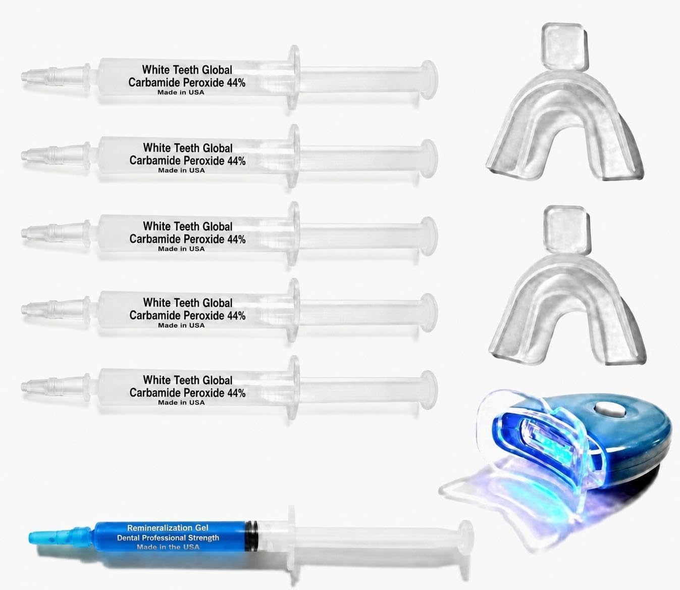 44% Carbamide Peroxide Teeth Whitening Kit with 5 Syringes of 10cc Gel, 2 Mouth Trays, LED Light and Remineralizing Gel