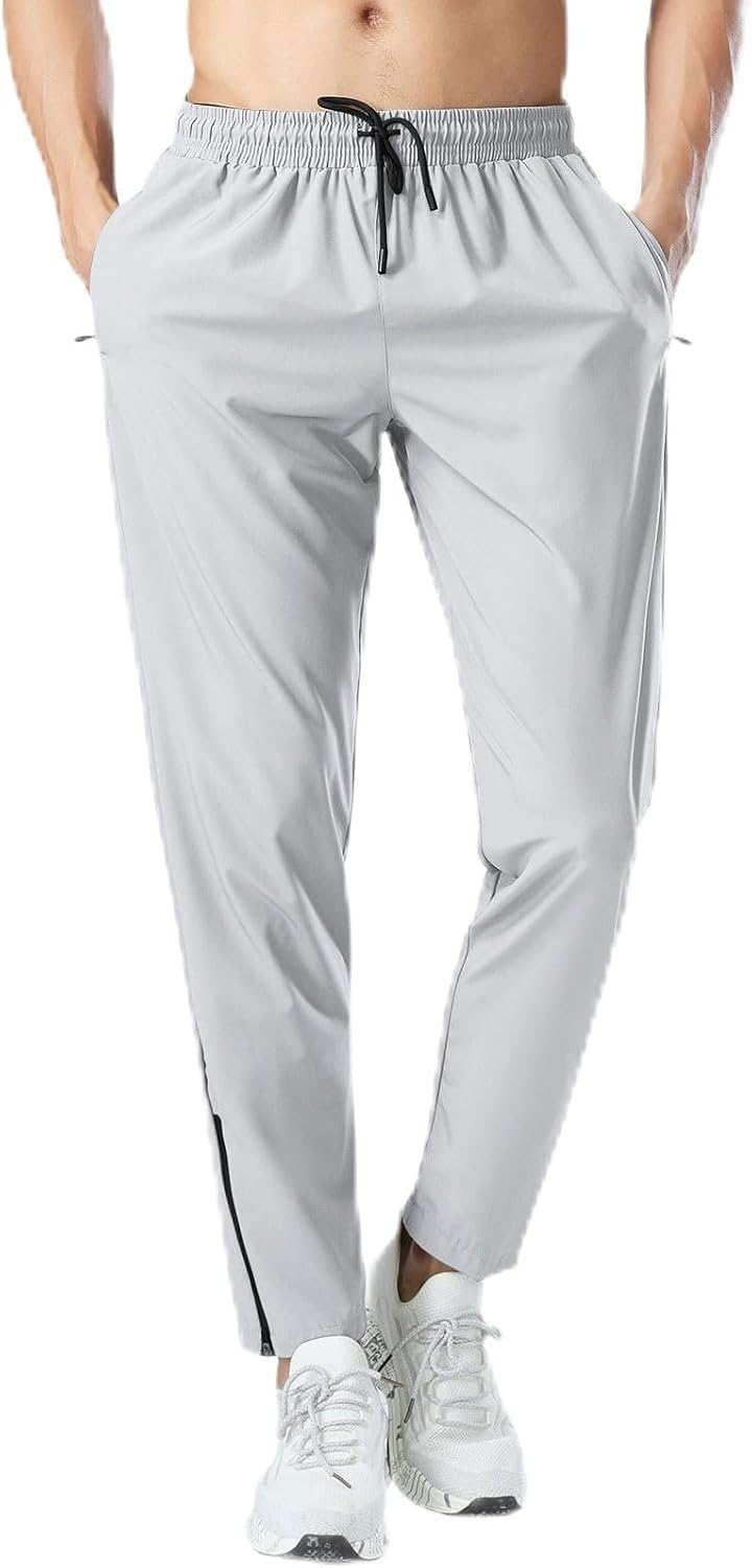 Men's Athletic Pants Quick Dry, Lightweight Workout Running Joggers with Zipper Pockets, Stretch Waist & Drawstring