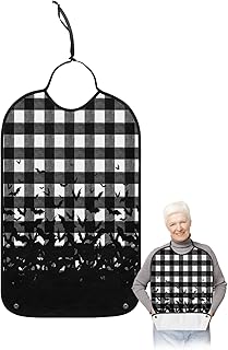 BOBOWUNY Halloween Adult Bibs for Elder Women Men Eating, Watercolor Black and White Plaid Bat Waterproof & Washable Bibs for Eating Clothing Protector Dining Bibs for Crumb Catcher