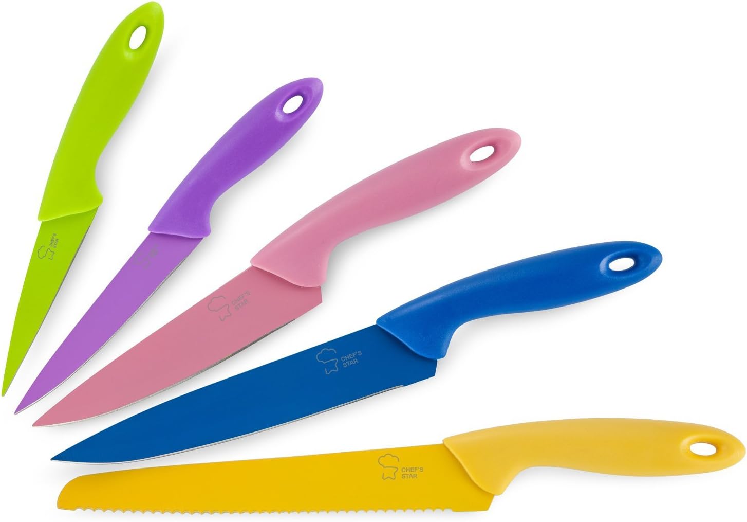 Chef's Star 6 Piece Colored Stainless Steel Kitchen Knife Set with Titanium Coating - Chef Knife, Bread Knife, Carving Knife, Paring Knife, Utility Knife and Acrylic Knife Block