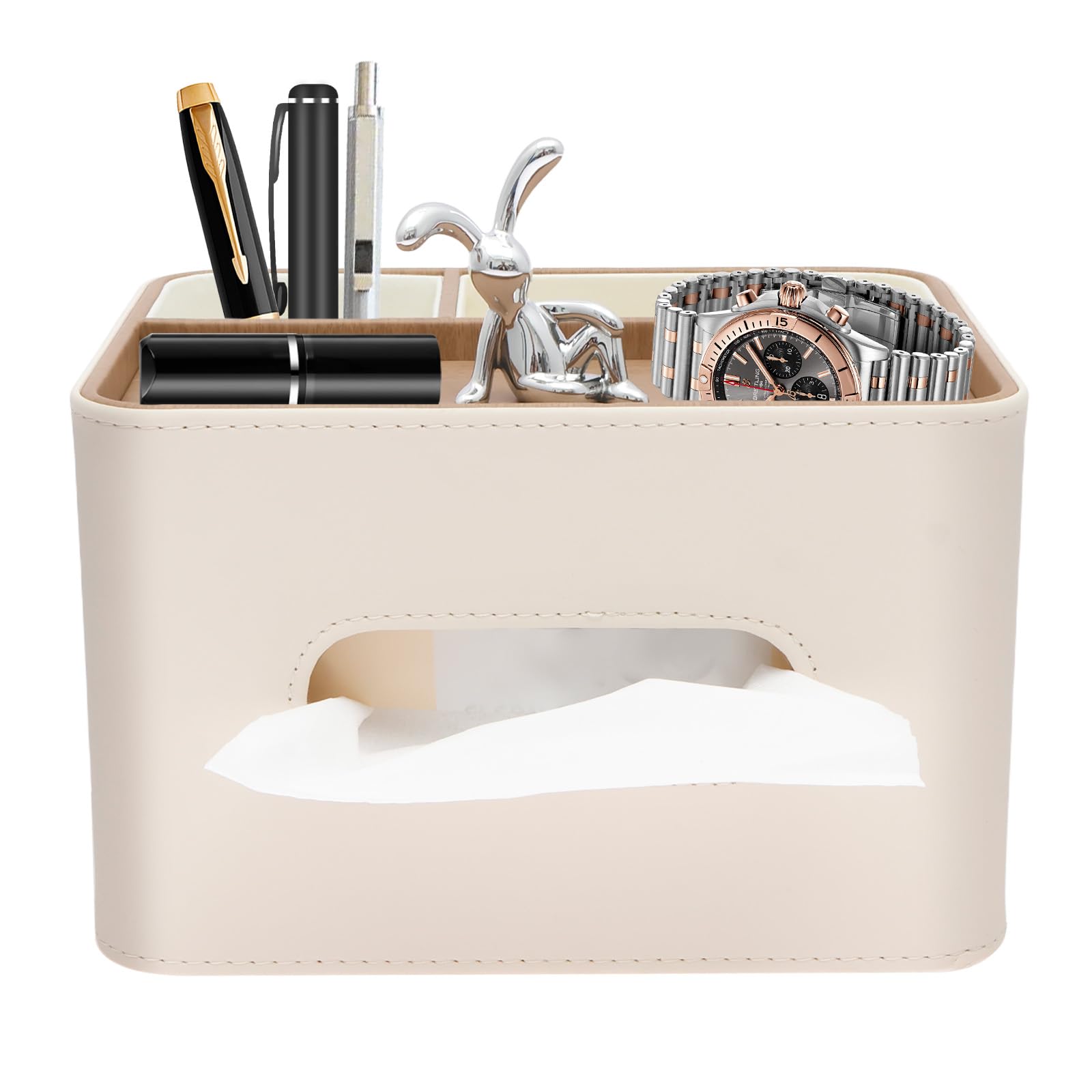 Tissue Box Cover with Storage Tray, PU Leather Tissue Box Holder Rectangle Desk Organizer Multifunctional Facial Tissues Holder for Bathroom, Bedroom Dresser, Night Stand, Office