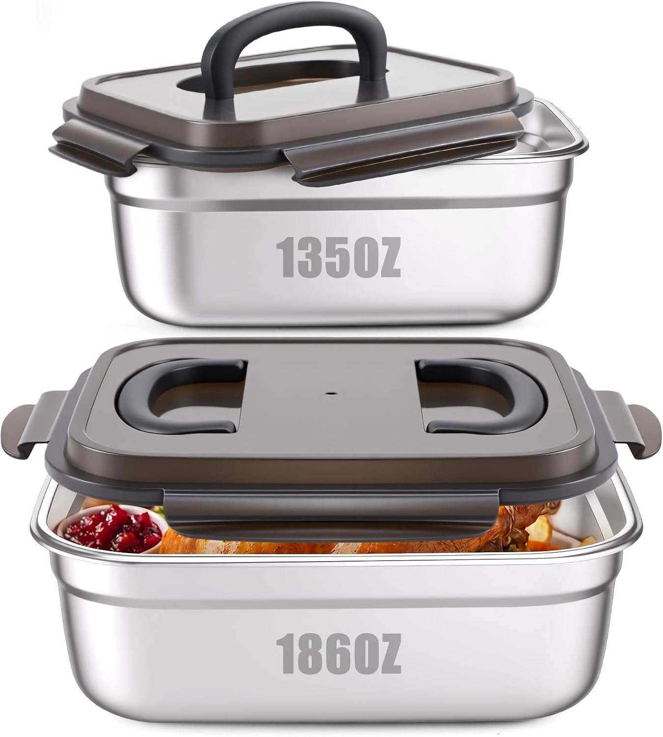 2 Pcs Large Stainless Steel Marinating Containers with Lids and Handle, 186 Oz/ 5.5 L+135 Oz/ 4L Food Storage Containers for Refrigerator, Leak-proof & Stackable for Meal Prep, Meat