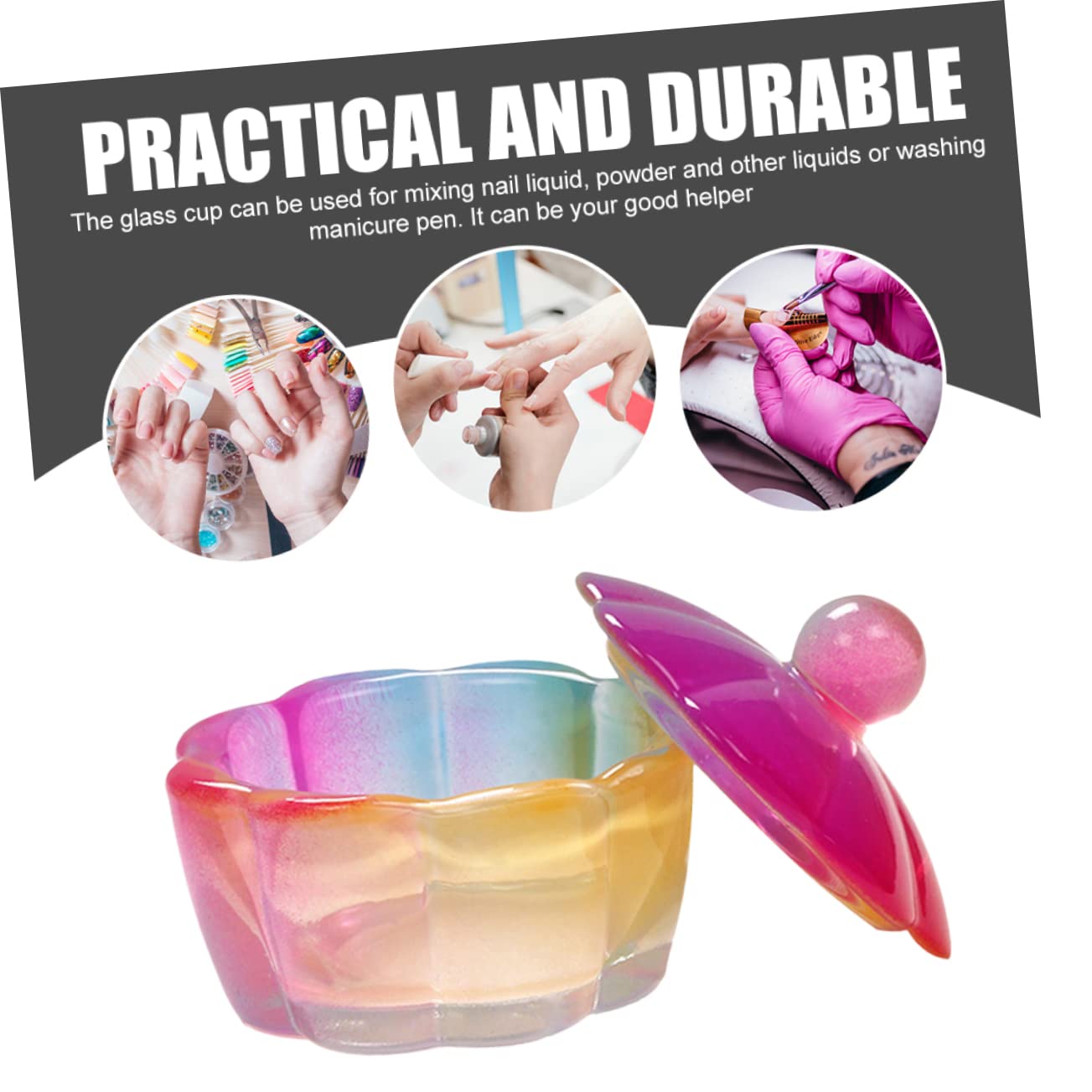 minkissy 3Pcs Professional Dappen Dish Multi Function Glass Nail Art Cups for Powder Mixing Manicure Cleaning Unique Petal Design Iridescent Colors Nail Accessory for DIY Enthusiasts