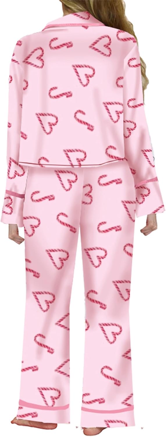 Bow Pajamas Set for Women Cute Bow Tie Long Sleeve Shirt Pants Satin Silk Heart 2 Piece Pjs Set Sleepwear - Image 3