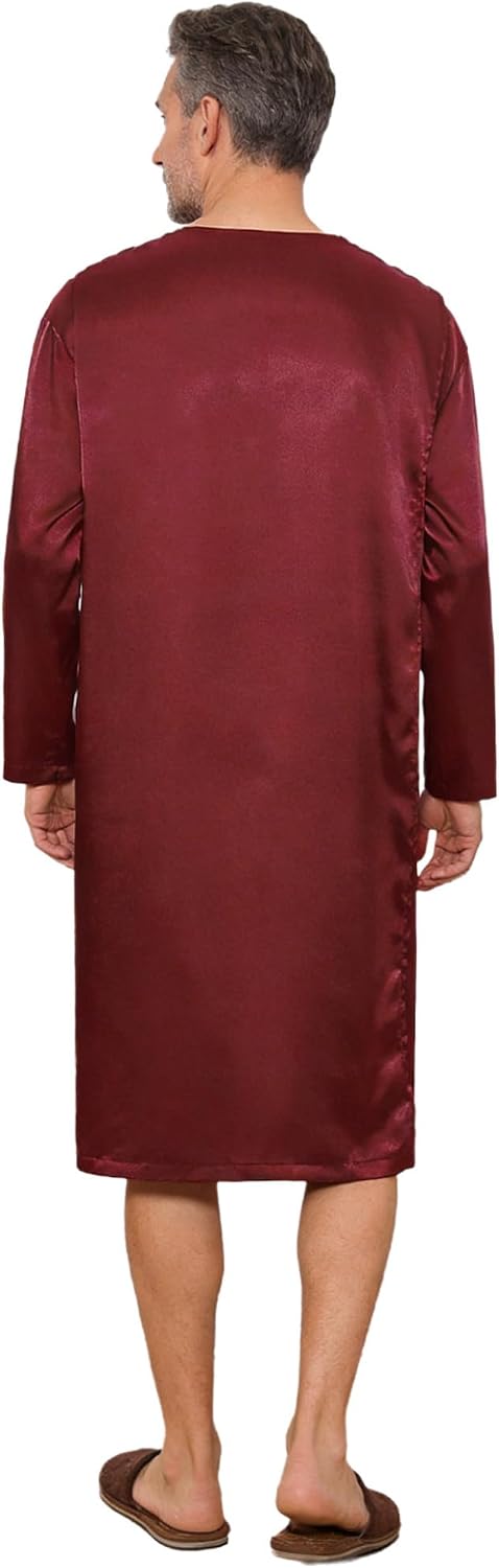 Men's Silk Satin Patient Hospital Gown Robe Open Back Henley Nightgown for Elderly & Limited Mobility