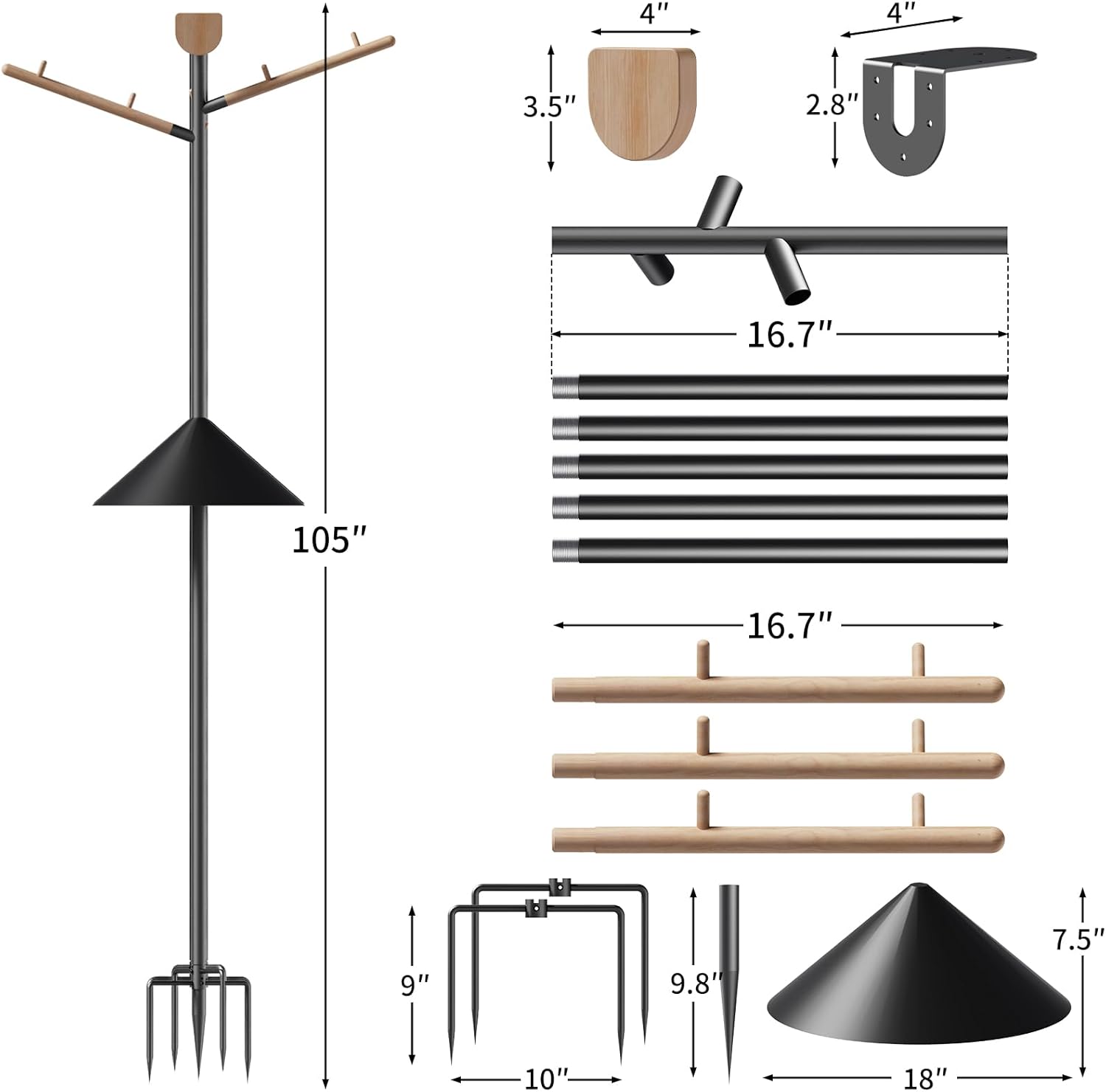 LONA Heavy Duty Bird Feeder Pole - 105 Inch Adjustable Height with 0.9-Inch Dia Bird House Pole Mount Kit for Outdoors, Squirrel Proof Baffle, 5-Prong Base, Feeding Stand for Hanging Feeders