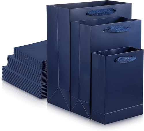Gueevin 30 bolsas de regalo azul marino con asas, bolsas de regalo de papel kraft de varios tamaños de 5.9 x 2.3 x 7.8, 7.8 x 3.9 x 11, 9.8 x 5.1 x