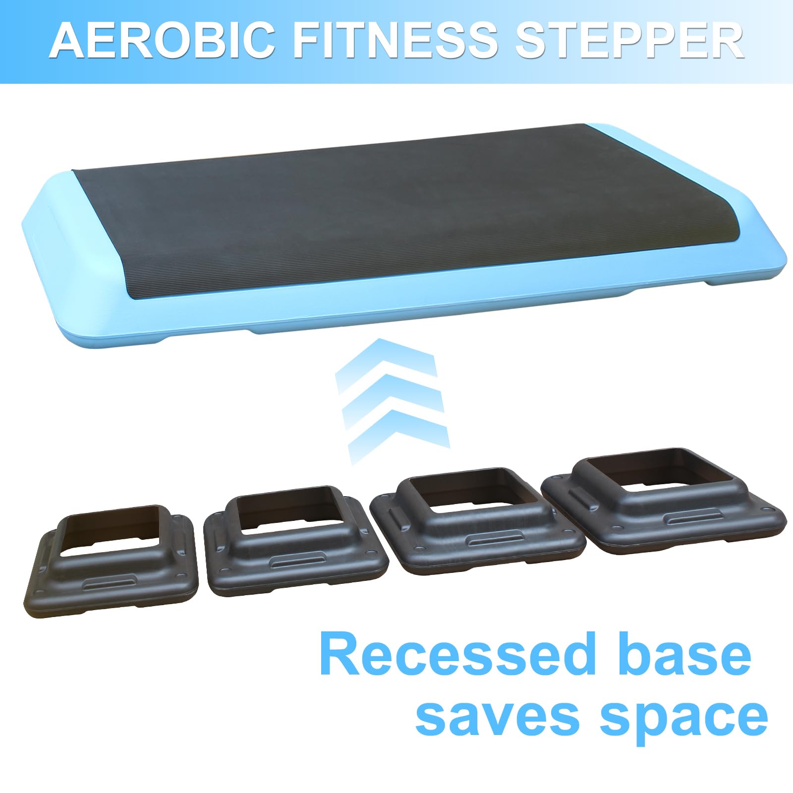 Plataforma aeróbica, 110 cm, altura regulable 10-20 cm, stepper para cardio y entrenamiento de fuerza, máx. 550 libras, azul