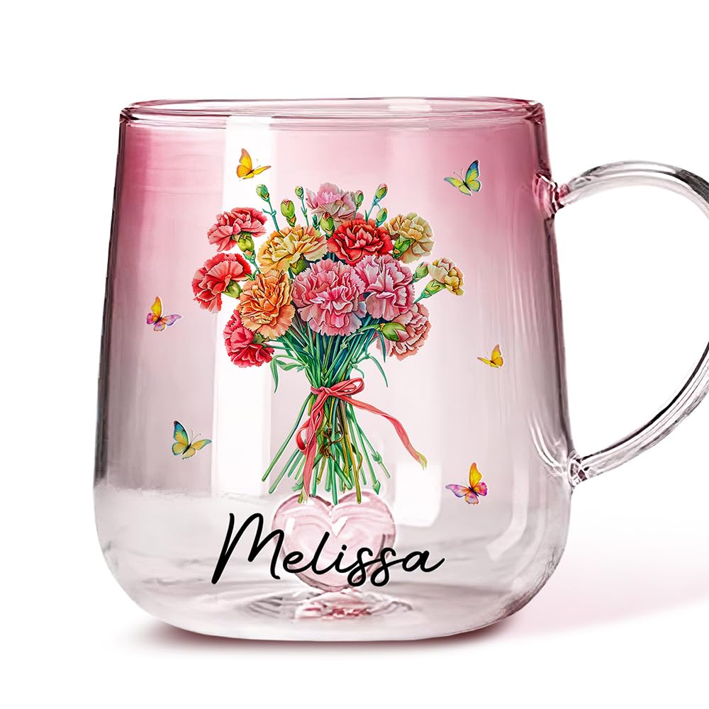 Wrappiness Birth Month Flower Mug - Personalized Pink Gradient Glass Mug - Custom Gift for Women, Friends, Mom, Wife - 11Oz Coffee Cup for Birthday,