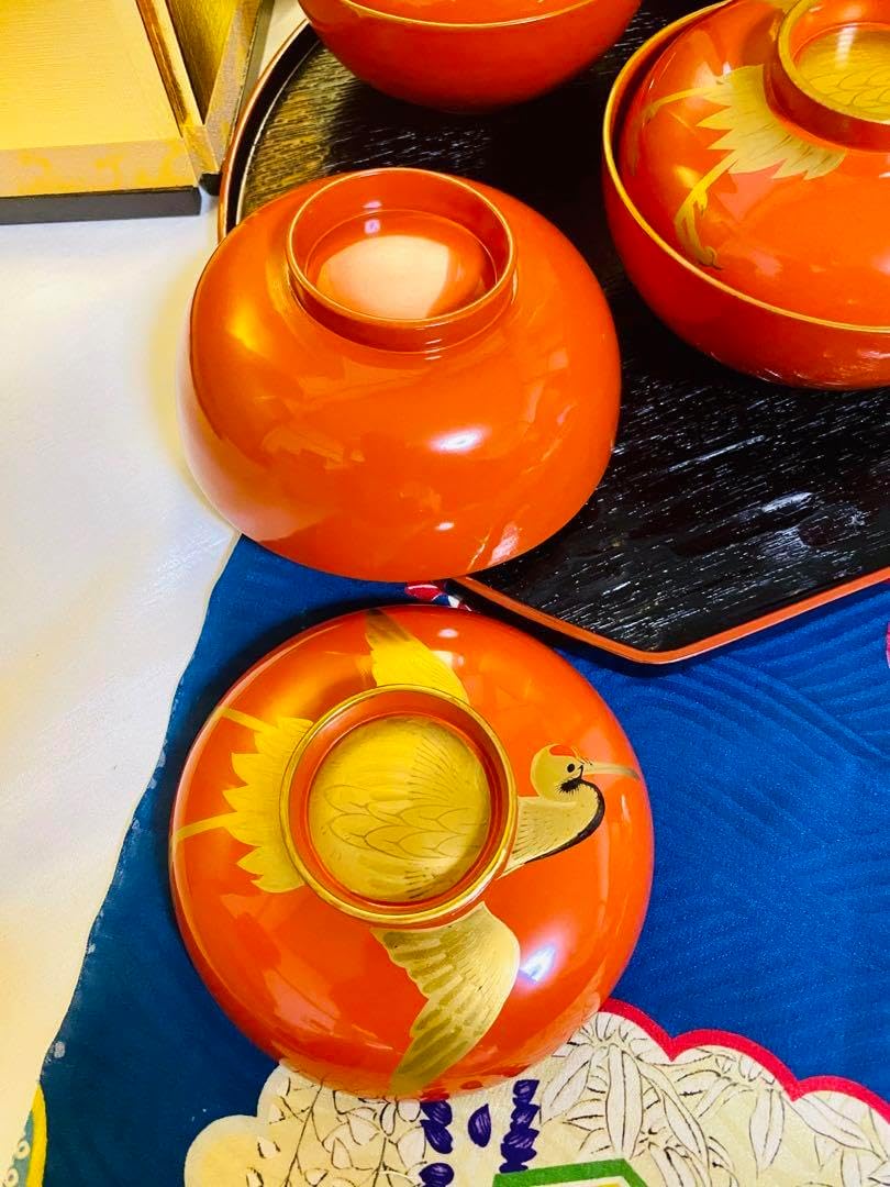 木製 お椀 骨董 金鶴蒔絵 吸い物椀 懐石 茶道具 5脚