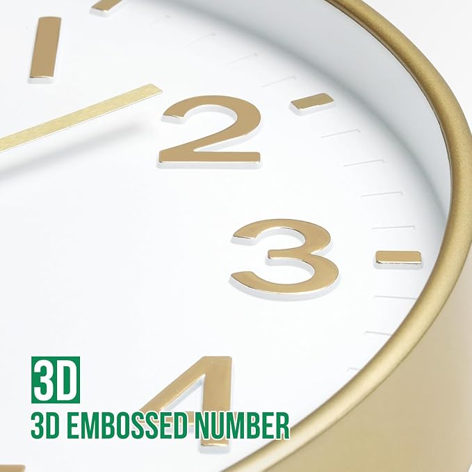 Reloj de Pared 12 Pulgadas Blanco-Dorado Moderno Analógico Silencioso miniatura 6