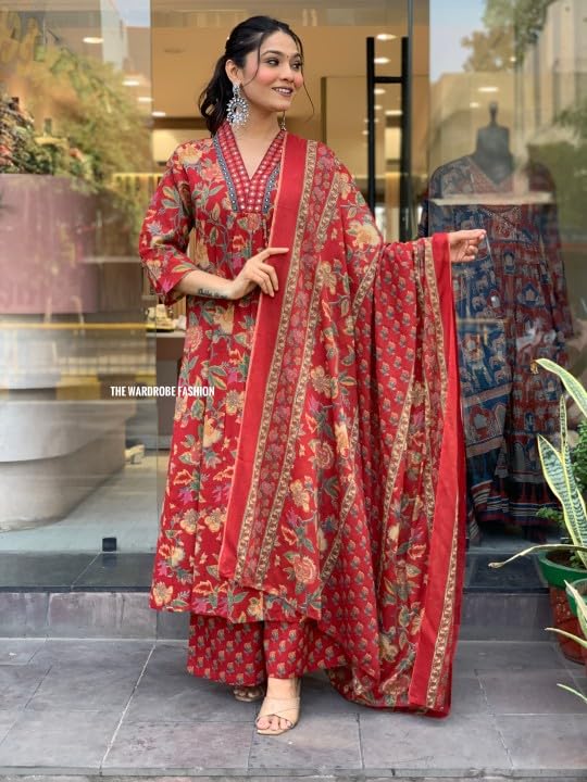 Lookmark Women's Cotton Blend Floral Printed Kurta Plazzo Set With Dupatta Suitable For Every Indian Occasion (Az-Lm-Og-Ks2171 Red-M)