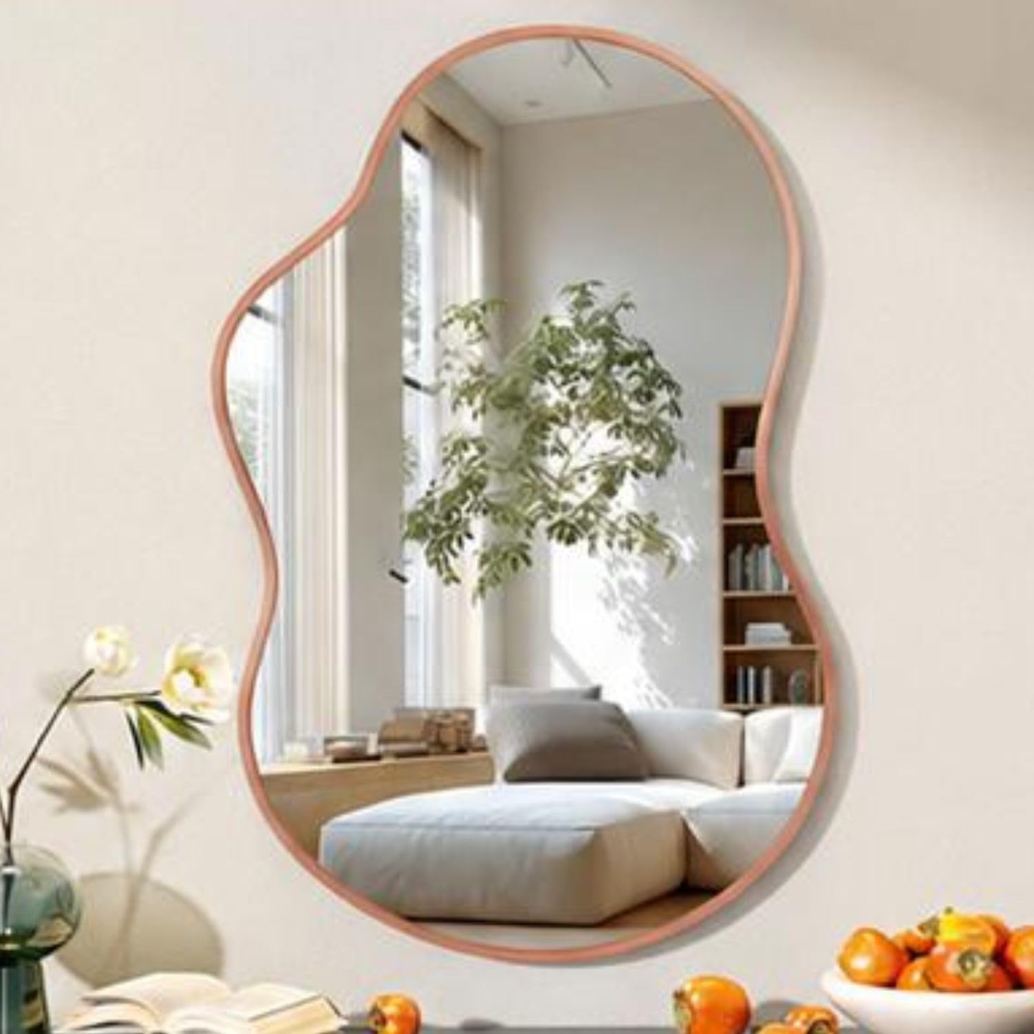 Decorative Asymmetrical Hanging Mirror with Aluminum Alloy Frame for Bedroom Bathroom Living Room (Blush Rose Gold-18 x 24 inch)-image-35