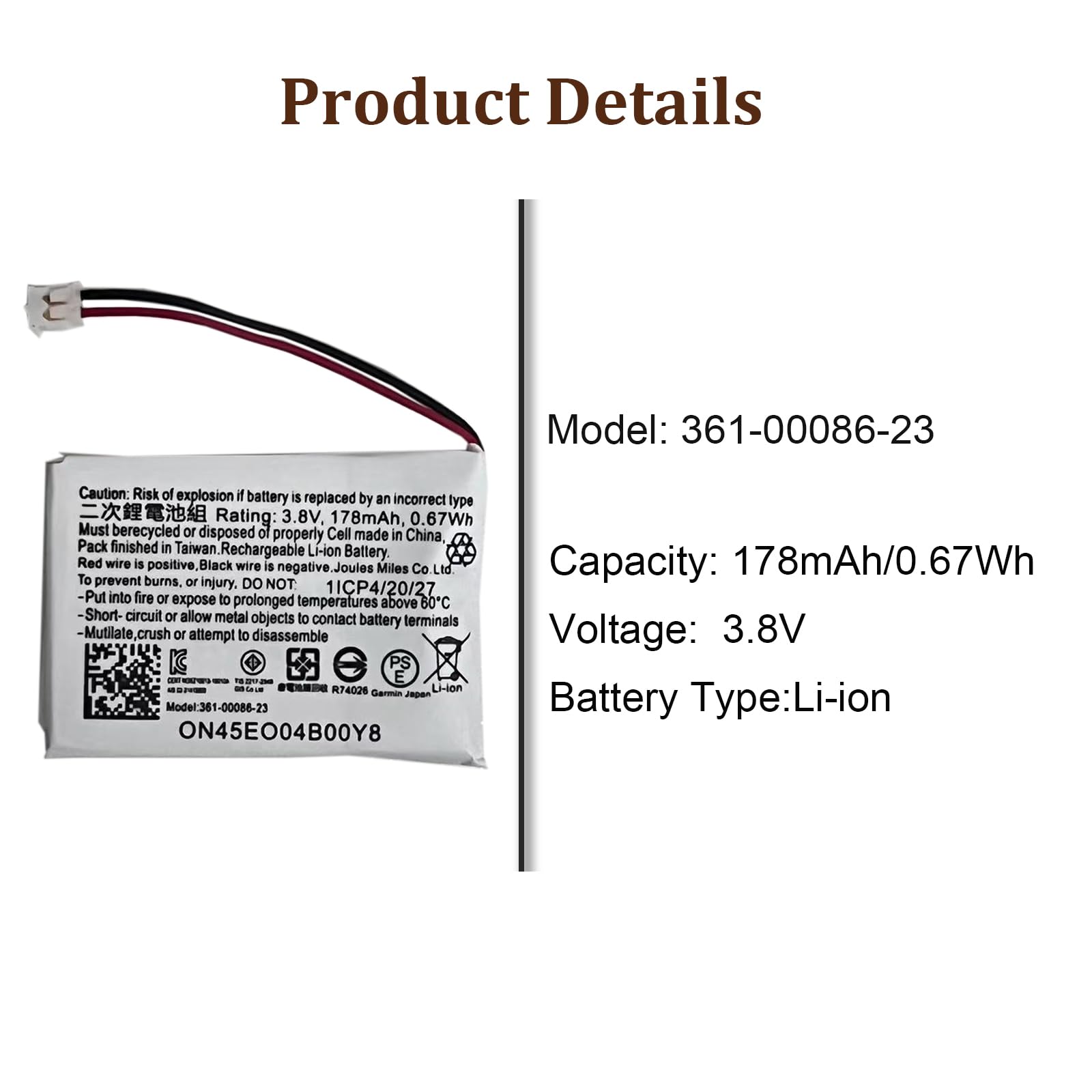Batteria di ricambio 361-00086-23 361-00086-00 compatibile con Gar-min 010-01959-00, Approach G10, Approach S20, Fenix Chronos, Forerunner 220, 225, 235, 630, 645, 735XT, 745XT, 745 Orologio