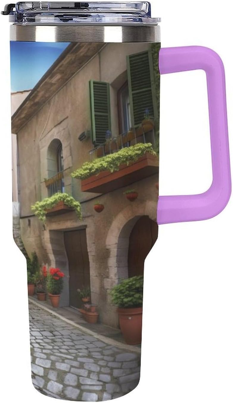 Italian Town Street Travel Coffee Mug Reusable Durable Stainless Steel Insulated Tumbler with Handle And Straw Leak Resistant Portable Thermal Cup Gifts for Men Women 40 Oz