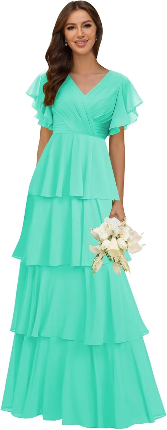 homdor Tiered Ruffles Bridesmaid Dresses for Women 2026 V Neck Chiffon Formal Evening Dresses with Sleeves