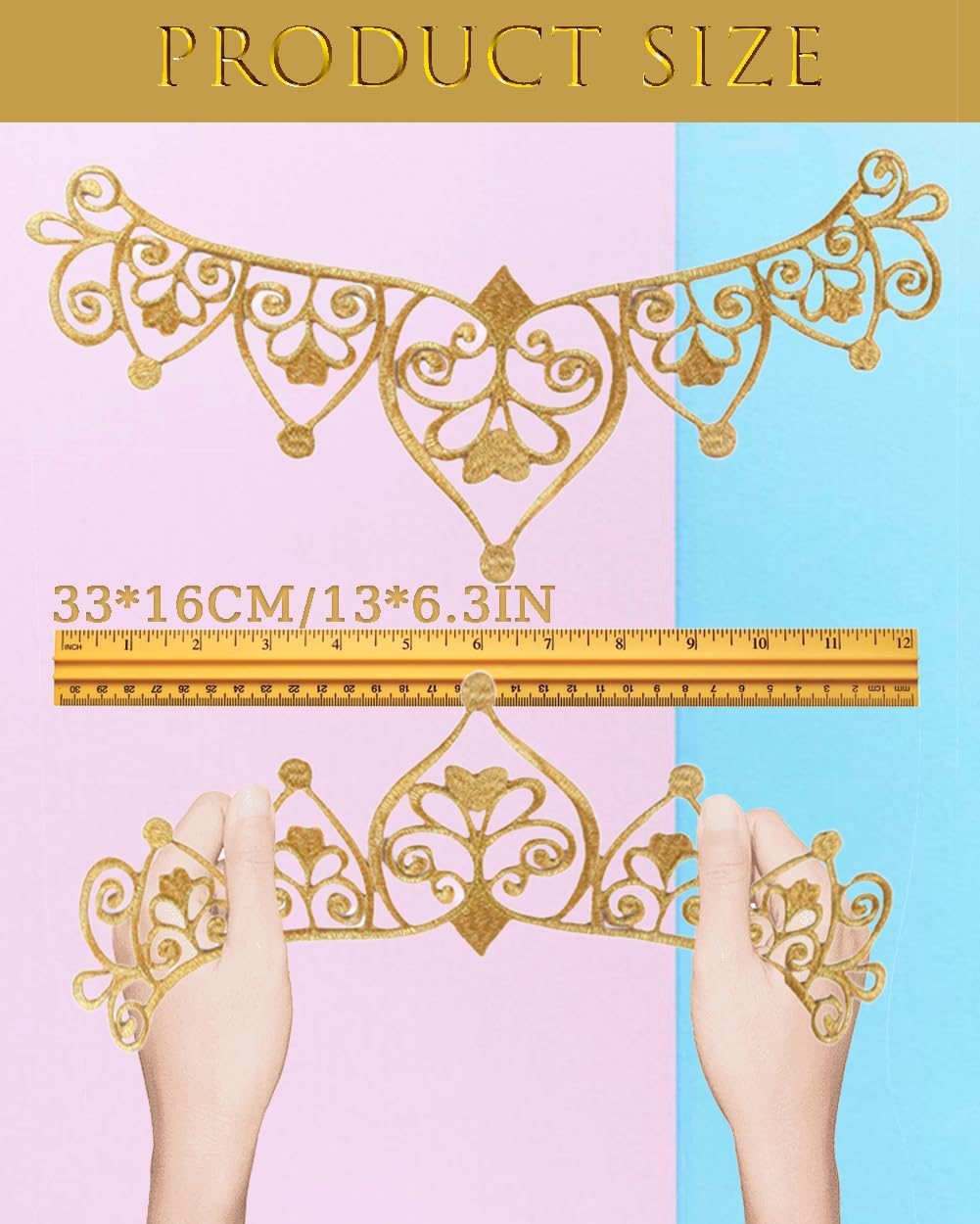 6 Pieces Full Metallic Crown Iron on Applique 13inch Long Swirl Embroidered Patch Scroll Lace Vine Border for Hat Clothes Garment Sewing Edge Embellishment (Multi)
