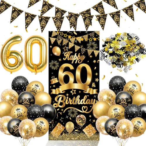 60. Geburtstag Deko für Männer Frauen AivaToba Deko 60.Geburtstag Luftballons Schwarz Gold mit Geburtstagsdeko 60 Jahre Lange Banner Konfetti Deko Zahl 60 und Wimpelkette 60 Geburtstags Dekoration Set