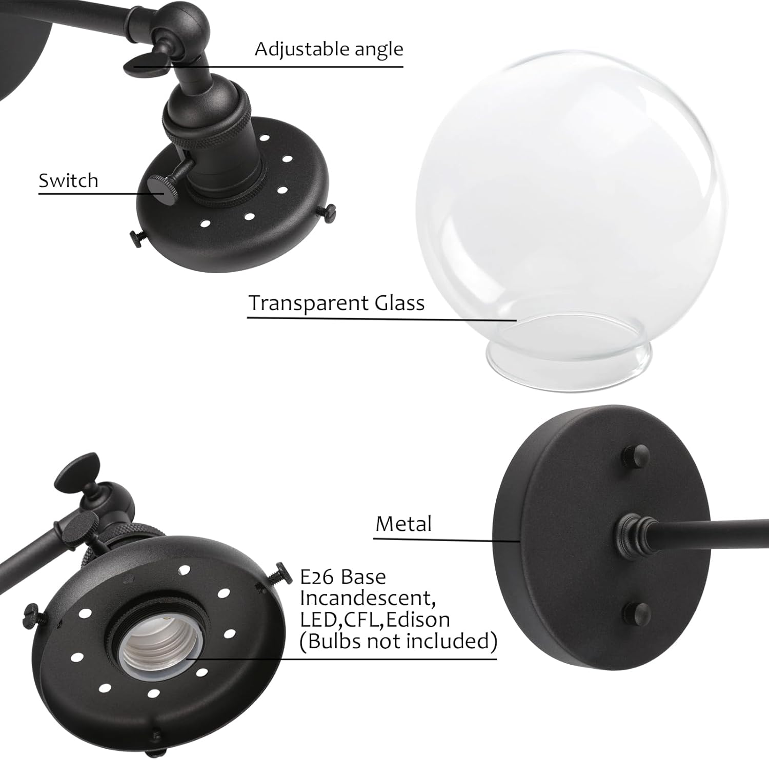 Pathson Hardwired Wall Sconce with Clear Globe Glass and Switch, Vintage Bathroom Vanity Light Wall Lamp Farmhouse Wall Light Fixtures for Loft Bathroom Bedroom