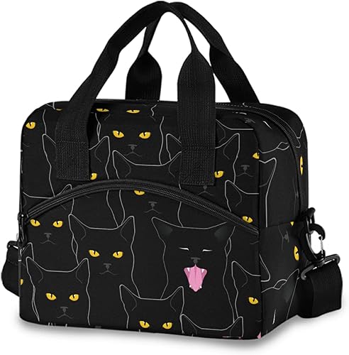 Sinestour Lonchera térmica reutilizable  Linda lonchera de gatos negros con correa ajustable para el hombro para la escuela, oficina, picnic,