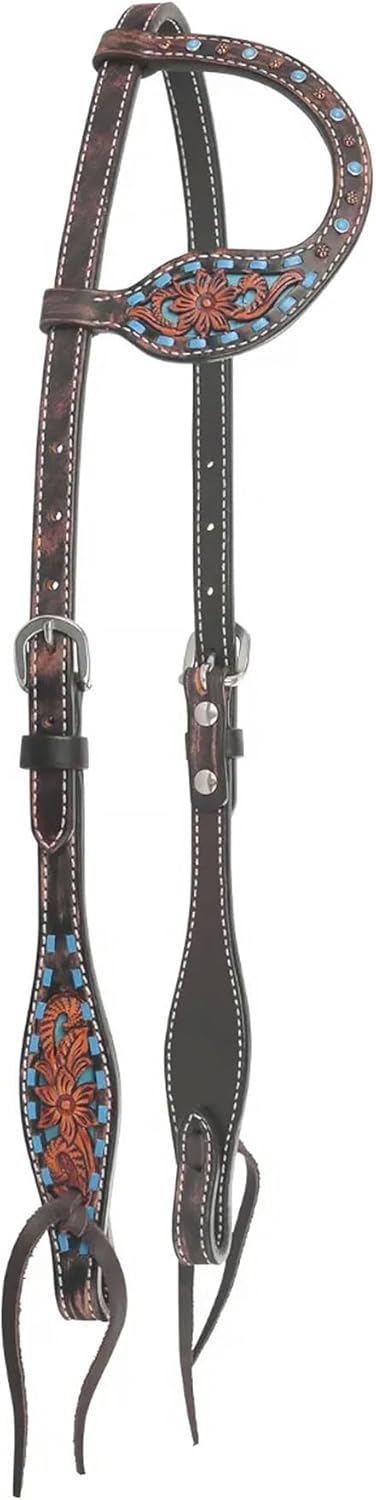 Circle Y Bronco Blue Texas Flower One-Ear Headstall | Durable Western Horse Tack with Double-Ply Leather & Tie Bit Ends | for Horse Shows, Trail Rides & Equestrian Sports, Chocolate, One Size