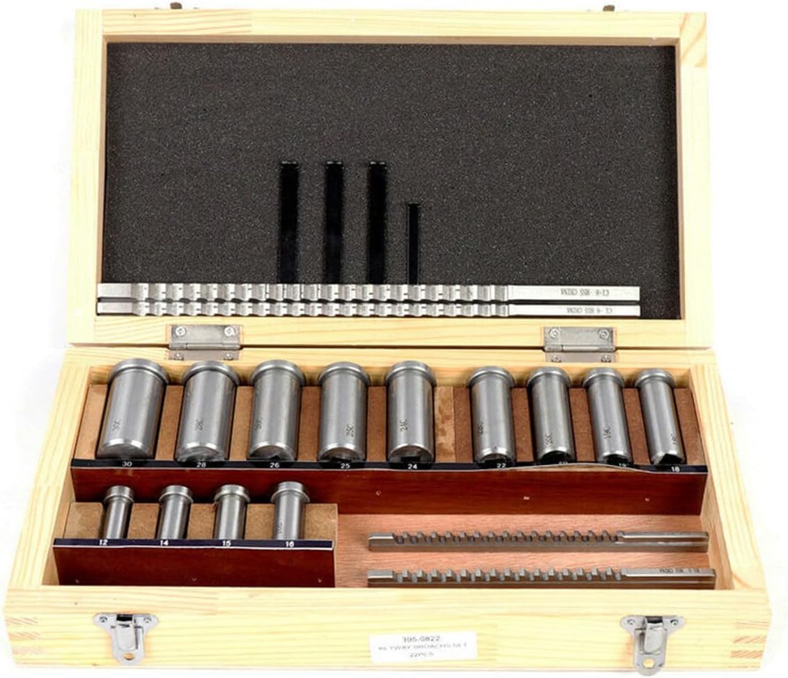 22pcs Keyway Broach Kit - High Speed Steel Broaches, 13 Metric Bushings & 5 Gaskets - Precision Metal Processing Tool for Keyways, Shims & Collared Bushings