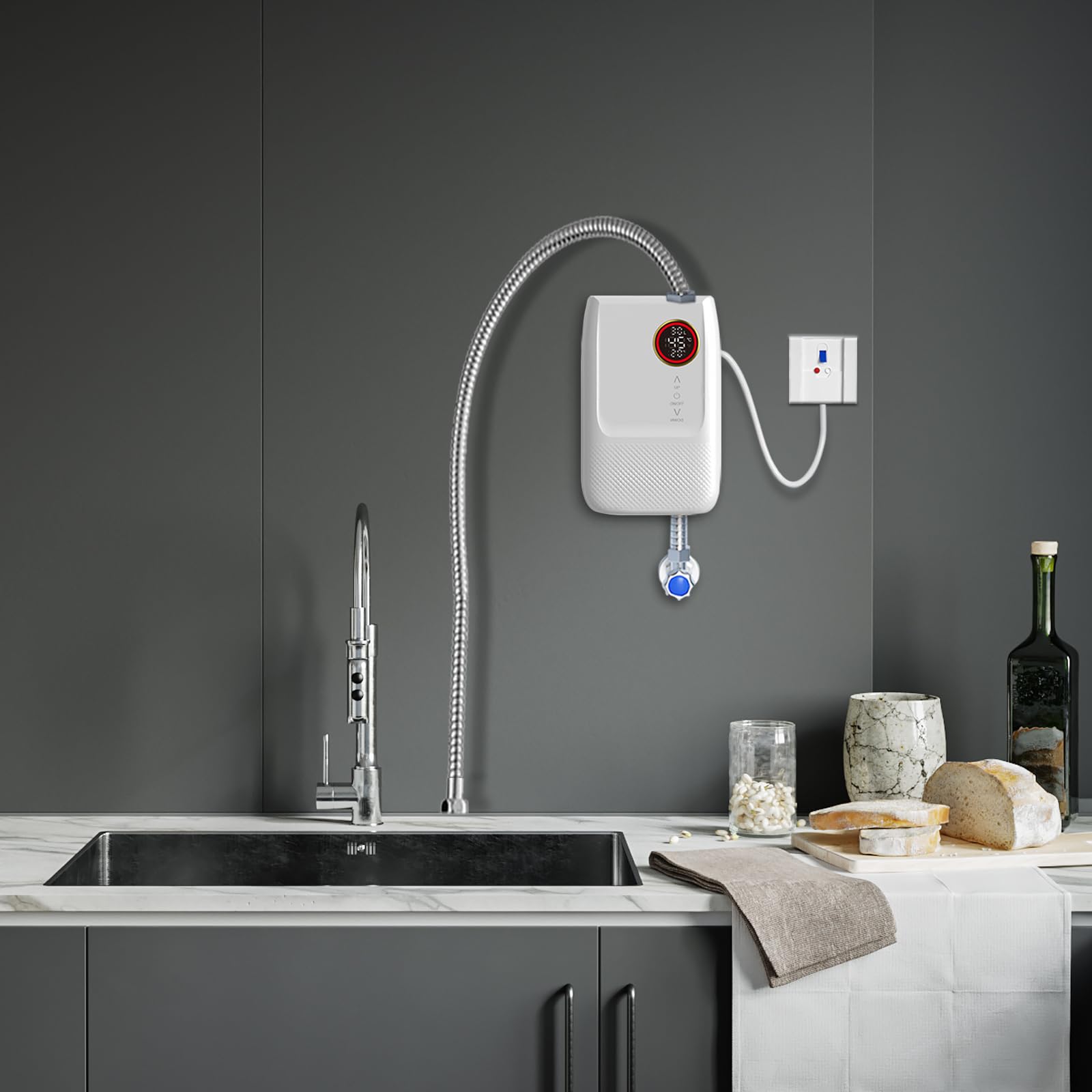 Chauffe-eau Instantané Électrique 5500W, Mini Chauffe-eau sans Réservoir 220V, Affichage LED et Protection Anti-Sèche, Économique et Compact, pour Lavabo, Cuisine et Salle de Bain