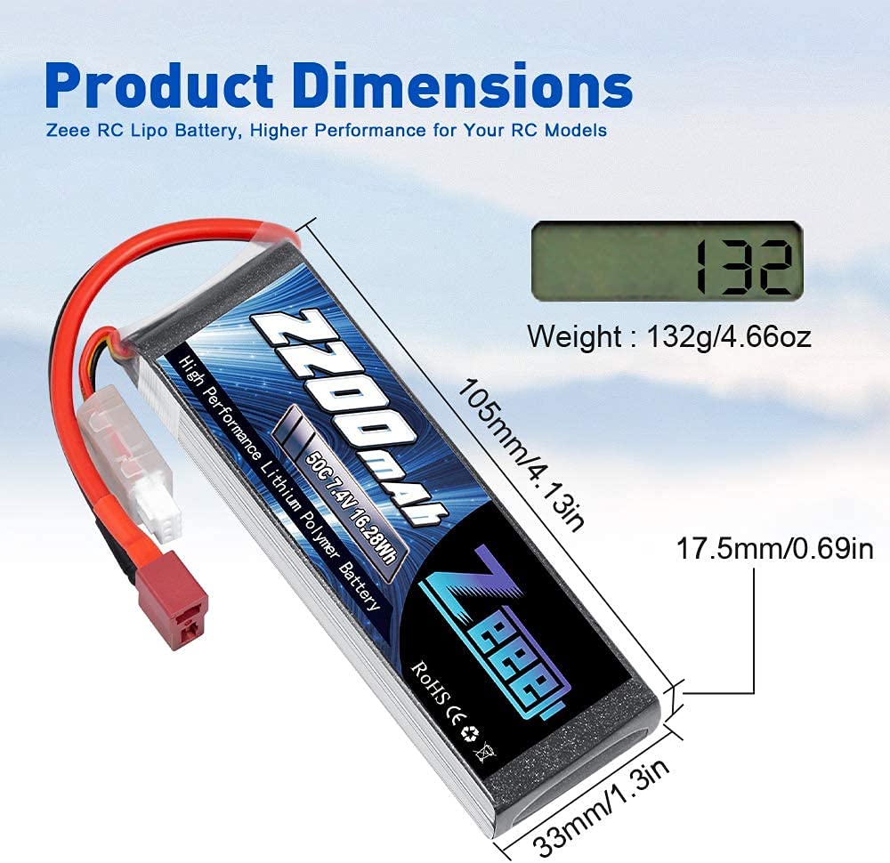 Zeee 2S Lipo 7,4V 50C 2200mAh Batteria RC con Connectore Deans T Spina per FPV Racing UAV Drone Veicolo a quattro assi elicottero RC Nave Veicolo Modells (2 pezzi)